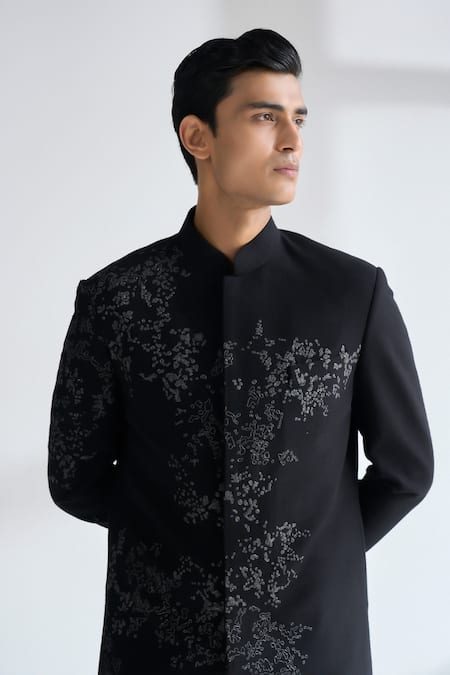 Shop_Dhruv Vaish_Black Silk Embroidery Sherwani Set _Online_at_Aza_Fashions