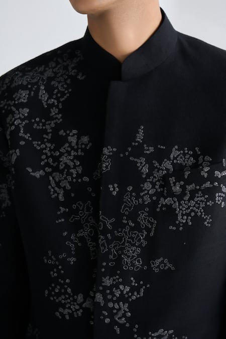 Dhruv Vaish_Black Silk Embroidery Sherwani Set _at_Aza_Fashions