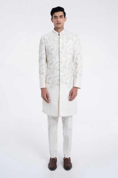Dhruv Vaish Ivory Silk Embroidery, Metallic Thread Diagonal Sherwani Set 