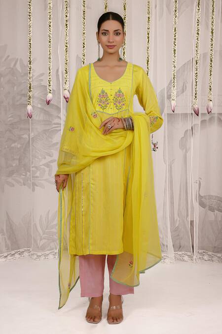 Shop_Myaara_Yellow Chanderi, Viscose Embroidery V-neck Panelled Kurta Pant Set _Online_at_Aza_Fashions