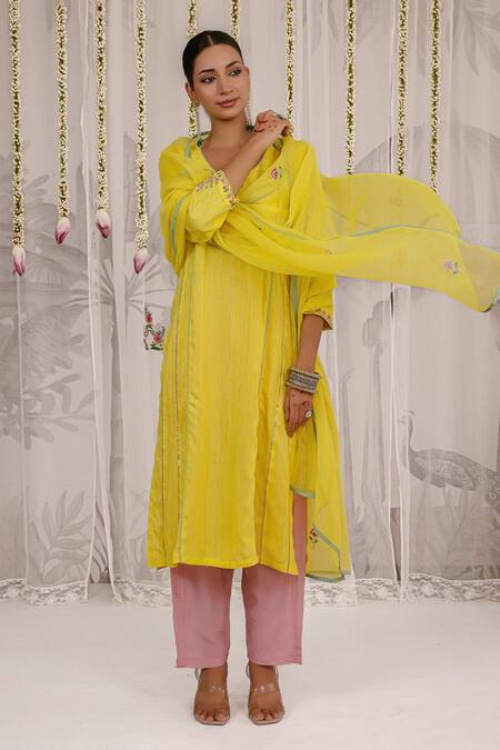 Shop_Myaara_Yellow Chanderi, Viscose Embroidery V-neck Panelled Kurta Pant Set 