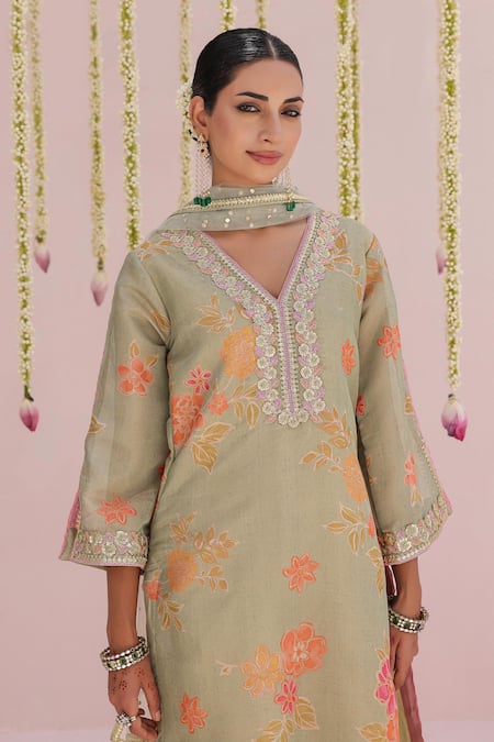 Myaara_Mint Tissue, Net Embroidery, Lace, Sequins V-neck Flower Kurta Set _Online_at_Aza_Fashions