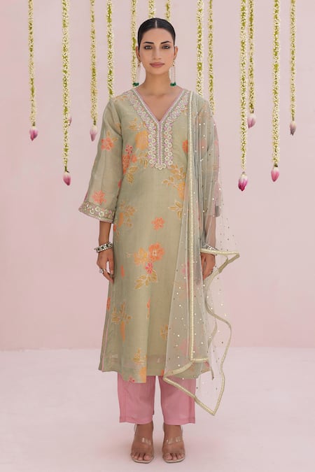 Shop_Myaara_Mint Tissue, Net Embroidery, Lace, Sequins V-neck Flower Kurta Set _Online_at_Aza_Fashions