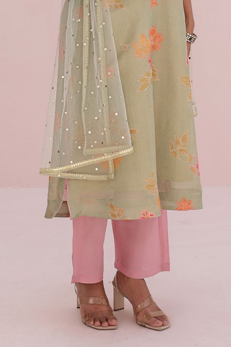 Myaara_Mint Tissue, Net Embroidery, Lace, Sequins V-neck Flower Kurta Set _at_Aza_Fashions