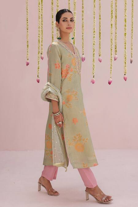 Buy_Myaara_Mint Tissue, Net Embroidery, Lace, Sequins V-neck Flower Kurta Set 
