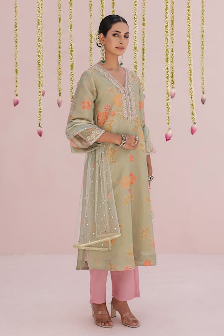 Shop_Myaara_Mint Tissue, Net Embroidery, Lace, Sequins V-neck Flower Kurta Set 