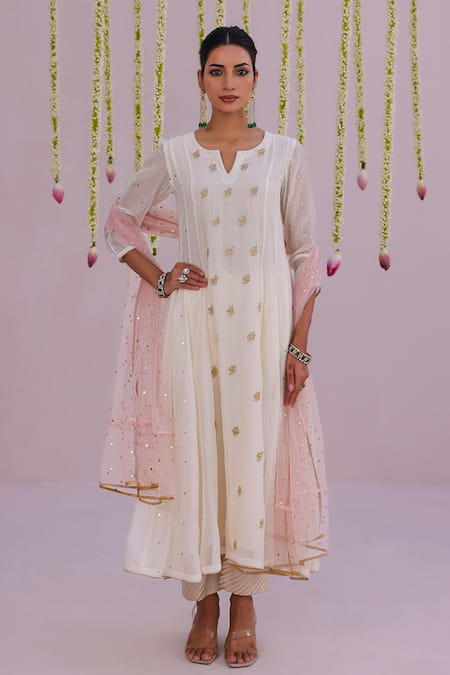 Shop_Myaara_Ivory Chanderi, Net Embroidery, Sequins Split V-neck Anarkali Pant Set _Online_at_Aza_Fashions