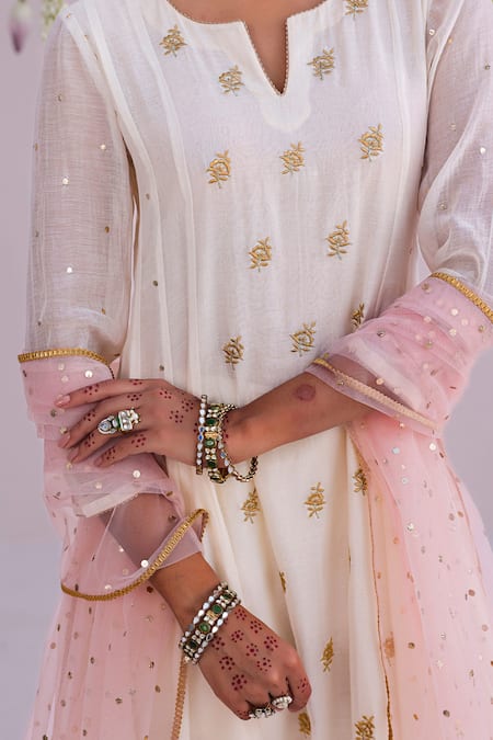Shop_Myaara_Ivory Chanderi, Net Embroidery, Sequins Split V-neck Anarkali Pant Set 
