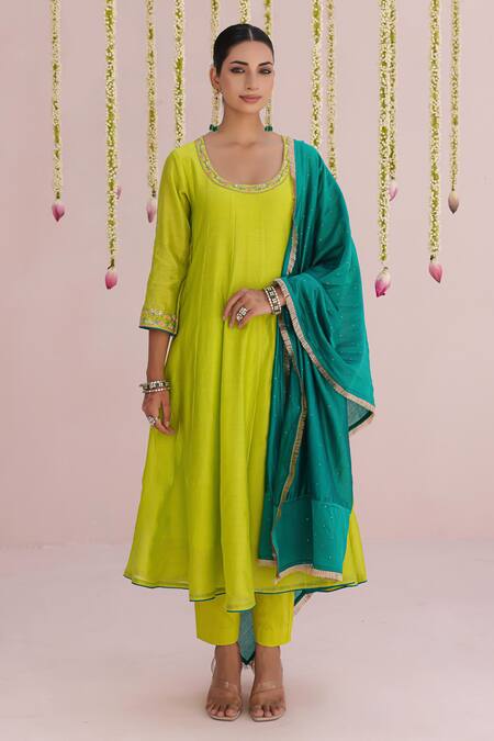 Buy_Myaara_Lime Chanderi Embroidery Round Neck Sleeve Anarkali Set _Online_at_Aza_Fashions