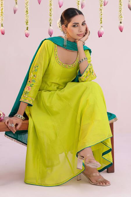 Shop_Myaara_Lime Chanderi Embroidery Round Neck Sleeve Anarkali Set _Online_at_Aza_Fashions