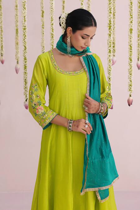 Myaara_Lime Chanderi Embroidery Round Neck Sleeve Anarkali Set _at_Aza_Fashions
