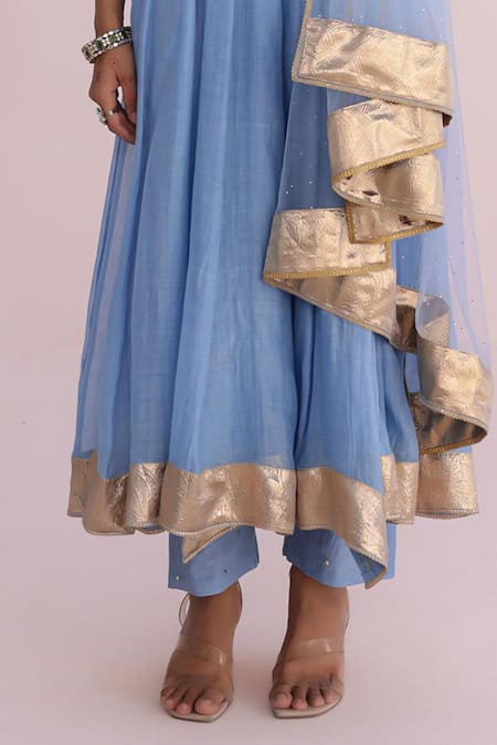 Buy_Myaara_Blue Chanderi Embroidery V-neck Angarkha Pant Set _Online_at_Aza_Fashions