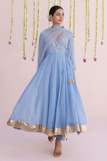 Shop_Myaara_Blue Chanderi Embroidery V-neck Angarkha Pant Set _Online_at_Aza_Fashions