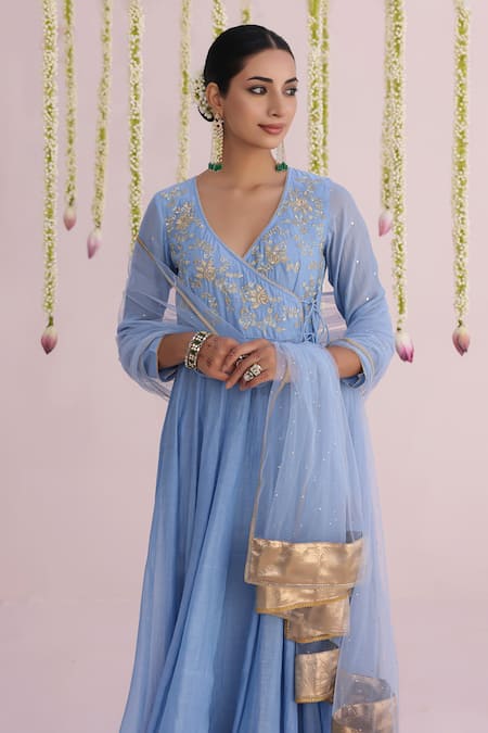 Buy_Myaara_Blue Chanderi Embroidery V-neck Angarkha Pant Set 