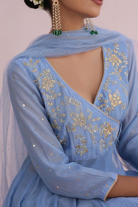 Shop_Myaara_Blue Chanderi Embroidery V-neck Angarkha Pant Set 