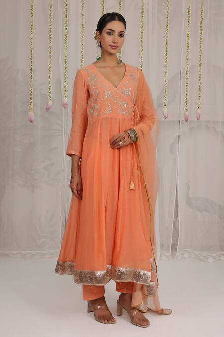 Myaara_Peach Chanderi Embroidery, Zari V-neck Angarkha Pant Set _at_Aza_Fashions
