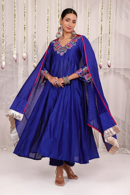 Buy_Myaara_Blue Chanderi Embroidery V-neck Anarkali Pant Set _Online_at_Aza_Fashions