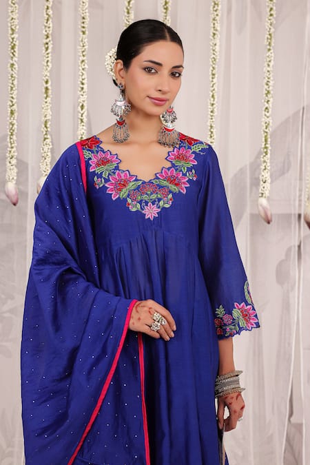 Shop_Myaara_Blue Chanderi Embroidery V-neck Anarkali Pant Set _Online_at_Aza_Fashions