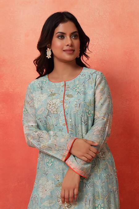 Shop_Shetab Kazmi_Aqua Chanderi, Cotton Embroidery, Piping Round Floral Print Kurta Tulip Pant Set _Online_at_Aza_Fashions