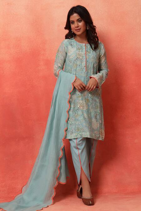 Shetab Kazmi_Aqua Chanderi, Cotton Embroidery, Piping Round Floral Print Kurta Tulip Pant Set _at_Aza_Fashions