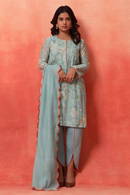 Buy_Shetab Kazmi_Aqua Chanderi, Cotton Embroidery, Piping Round Floral Print Kurta Tulip Pant Set 
