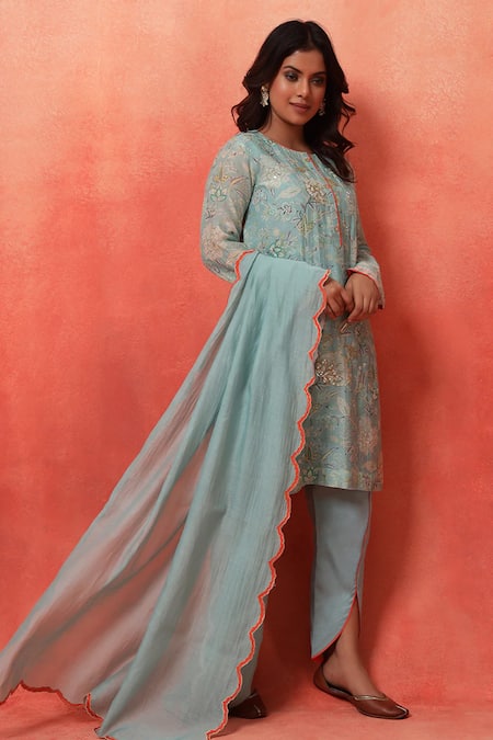 Shop_Shetab Kazmi_Aqua Chanderi, Cotton Embroidery, Piping Round Floral Print Kurta Tulip Pant Set 