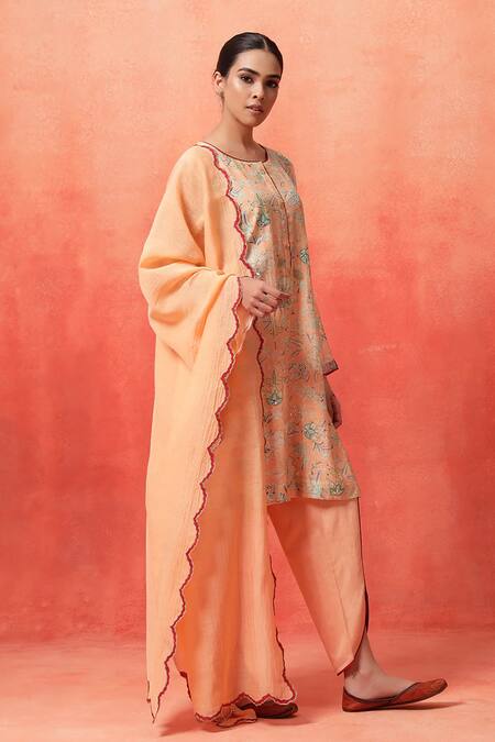 Buy_Shetab Kazmi_Peach Chanderi, Cotton Embroidery, Piping Blossom Print Kurta Tulip Pant Set _Online_at_Aza_Fashions