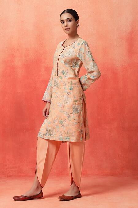 Shetab Kazmi_Peach Chanderi, Cotton Embroidery, Piping Blossom Print Kurta Tulip Pant Set _at_Aza_Fashions