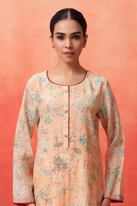 Buy_Shetab Kazmi_Peach Chanderi, Cotton Embroidery, Piping Blossom Print Kurta Tulip Pant Set 