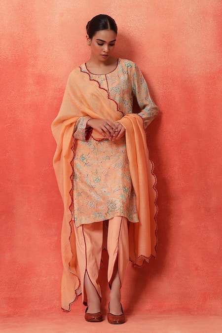 Shop_Shetab Kazmi_Peach Chanderi, Cotton Embroidery, Piping Blossom Print Kurta Tulip Pant Set 