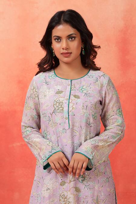 Buy_Shetab Kazmi_Mauve Chanderi, Cotton Embroidery Round Neck Bloom Print Kurta Tulip Pant Set _Online_at_Aza_Fashions