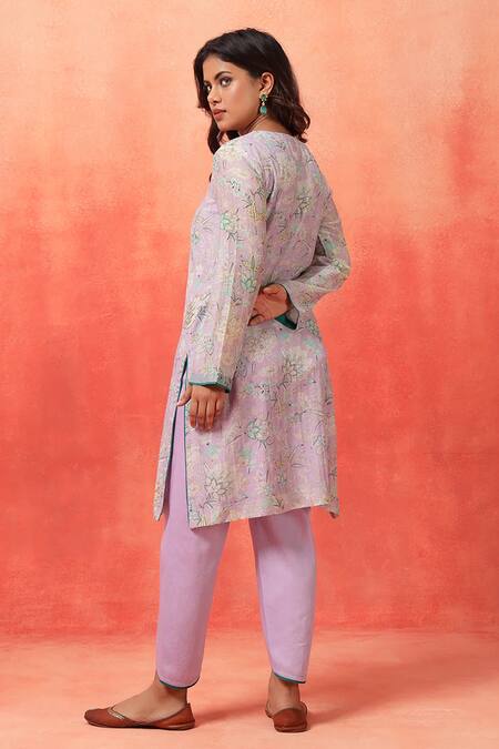 Shop_Shetab Kazmi_Mauve Chanderi, Cotton Embroidery Round Neck Bloom Print Kurta Tulip Pant Set _Online_at_Aza_Fashions