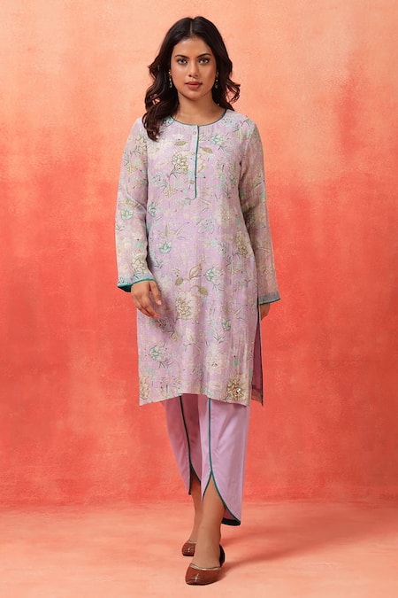 Buy_Shetab Kazmi_Mauve Chanderi, Cotton Embroidery Round Neck Bloom Print Kurta Tulip Pant Set 