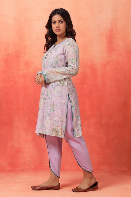 Shop_Shetab Kazmi_Mauve Chanderi, Cotton Embroidery Round Neck Bloom Print Kurta Tulip Pant Set 