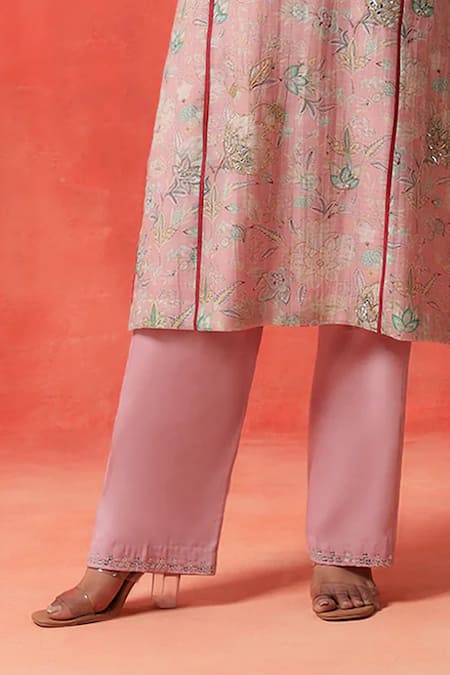 Shetab Kazmi_Pink Chanderi, Cotton Embroidery, Piping Split V-neck Bloom Print Kurta Set _Online_at_Aza_Fashions
