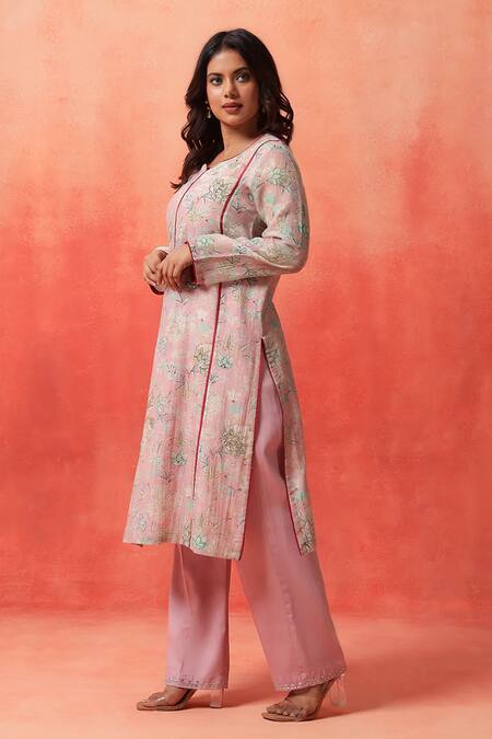 Shop_Shetab Kazmi_Pink Chanderi, Cotton Embroidery, Piping Split V-neck Bloom Print Kurta Set _Online_at_Aza_Fashions
