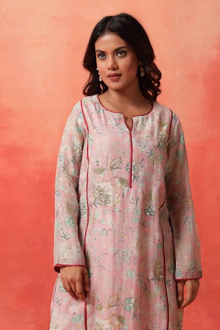 Buy_Shetab Kazmi_Pink Chanderi, Cotton Embroidery, Piping Split V-neck Bloom Print Kurta Set 