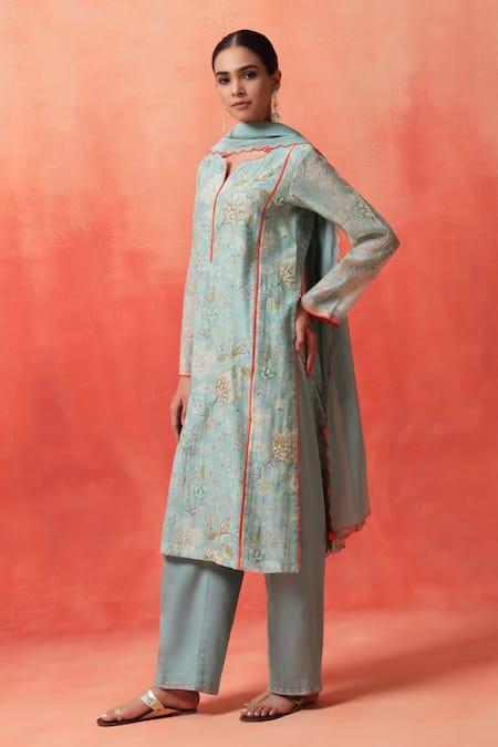 Shetab Kazmi_Aqua Chanderi, Cotton Embroidery, Piping Split V-neck Bloom Print Kurta Pant Set _Online_at_Aza_Fashions