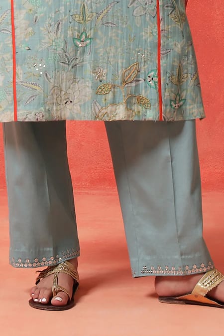 Buy_Shetab Kazmi_Aqua Chanderi, Cotton Embroidery, Piping Split V-neck Bloom Print Kurta Pant Set _Online_at_Aza_Fashions