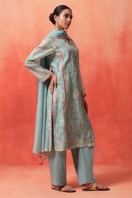Shop_Shetab Kazmi_Aqua Chanderi, Cotton Embroidery, Piping Split V-neck Bloom Print Kurta Pant Set _Online_at_Aza_Fashions