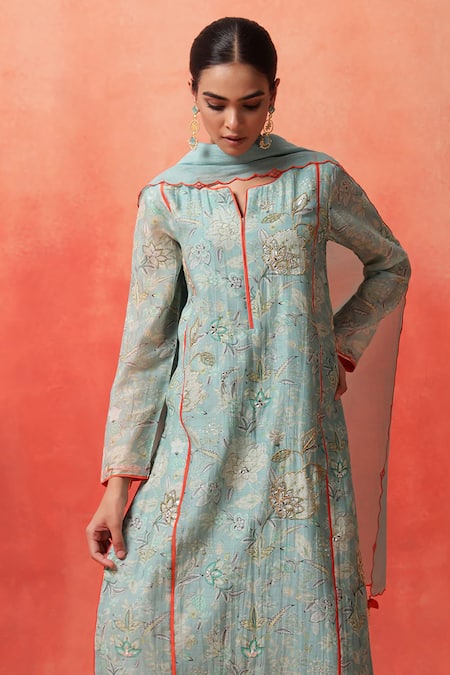 Shop_Shetab Kazmi_Aqua Chanderi, Cotton Embroidery, Piping Split V-neck Bloom Print Kurta Pant Set 