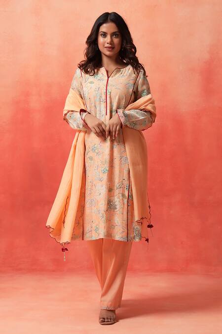 Shetab Kazmi_Peach Chanderi, Cotton Embroidery, Mirrors, Piping, Floret Print Kurta Pant Set _Online_at_Aza_Fashions