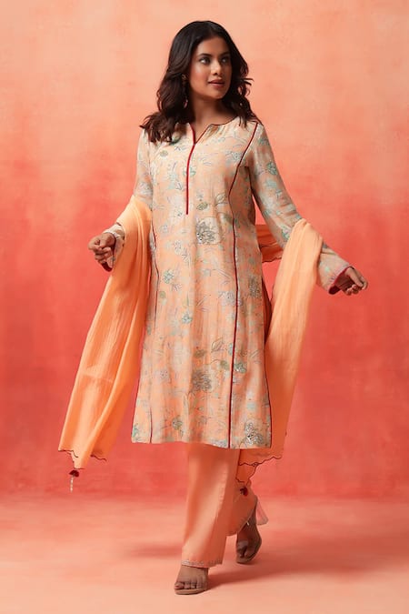Buy_Shetab Kazmi_Peach Chanderi, Cotton Embroidery, Mirrors, Piping, Floret Print Kurta Pant Set _Online_at_Aza_Fashions