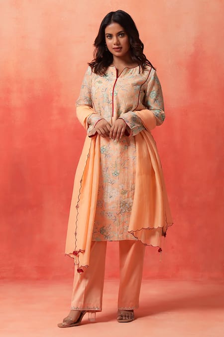 Shop_Shetab Kazmi_Peach Chanderi, Cotton Embroidery, Mirrors, Piping, Floret Print Kurta Pant Set _Online_at_Aza_Fashions