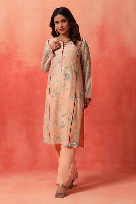 Shetab Kazmi_Peach Chanderi, Cotton Embroidery, Mirrors, Piping, Floret Print Kurta Pant Set _at_Aza_Fashions