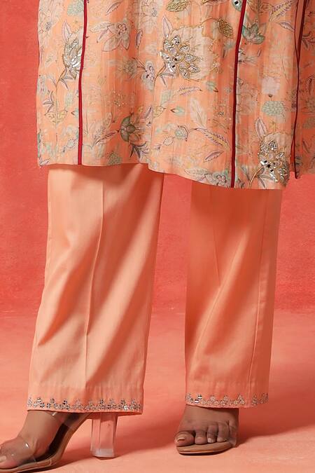 Buy_Shetab Kazmi_Peach Chanderi, Cotton Embroidery, Mirrors, Piping, Floret Print Kurta Pant Set 