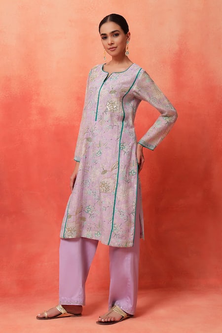 Buy_Shetab Kazmi_Mauve Chanderi, Cotton Embroidery, Tassels Round Floral Print Kurta Pant Set _Online_at_Aza_Fashions