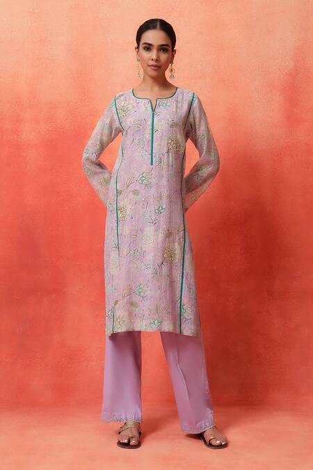 Shop_Shetab Kazmi_Mauve Chanderi, Cotton Embroidery, Tassels Round Floral Print Kurta Pant Set _Online_at_Aza_Fashions