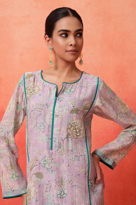 Buy_Shetab Kazmi_Mauve Chanderi, Cotton Embroidery, Tassels Round Floral Print Kurta Pant Set 