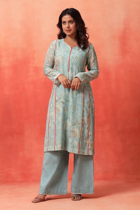 Shetab Kazmi_Aqua Chanderi, Cotton Embroidery Split V-neck Hand Kurta Pant Set _Online_at_Aza_Fashions